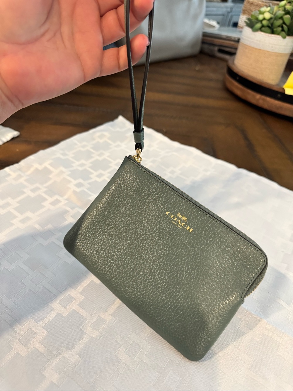 Coach Corner Zip Wristlet with Gold Logo